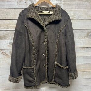 LL Bean Coat Womens XL Brown Faux Suede Sherpa‎ Lined Shearling Jacket